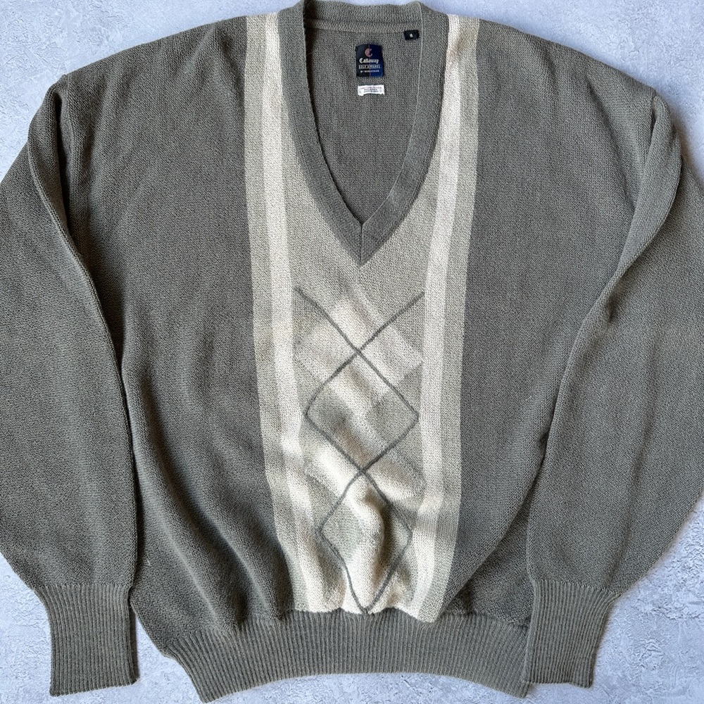 Vintage Callaway Men's Olive Green V-Neck Alpaca Sweater Cream Argyle Stripe